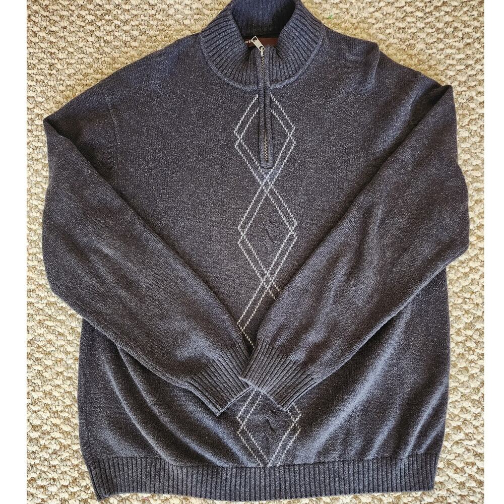 Vintage Perry‎ Ellis Mens XL Gray Argyle 1/4 Zip 100% Cotton Long Sleeve Sweater